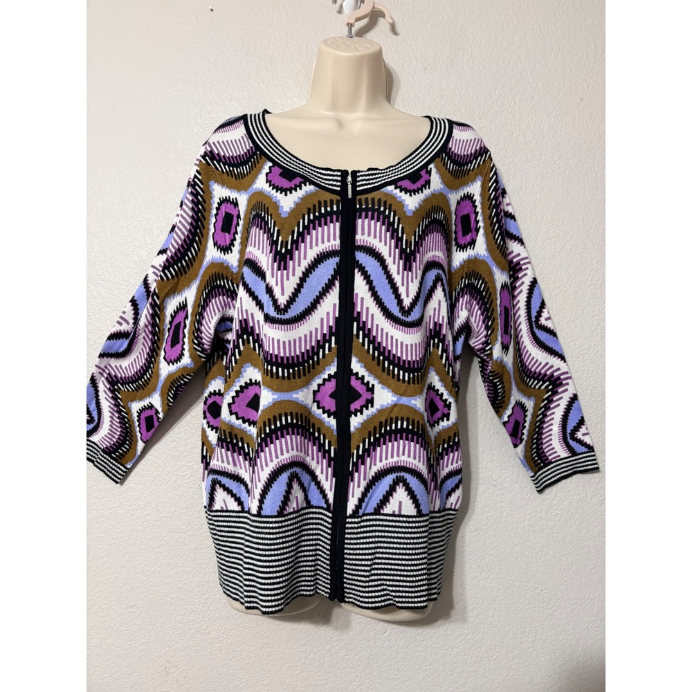 Midnight Velvet 1X Geometric Zip Front Cardigan Purple Brown Abstract Knit